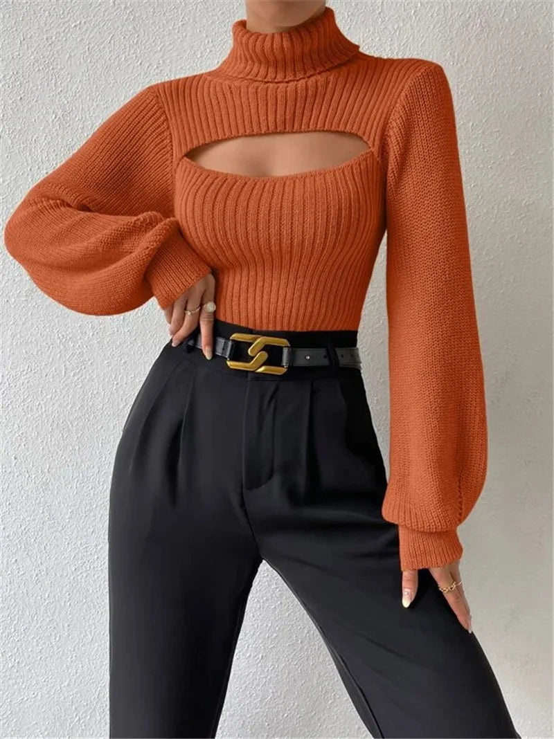 "GlamWrap" Chic Hollowed-Out Turtleneck Sweater