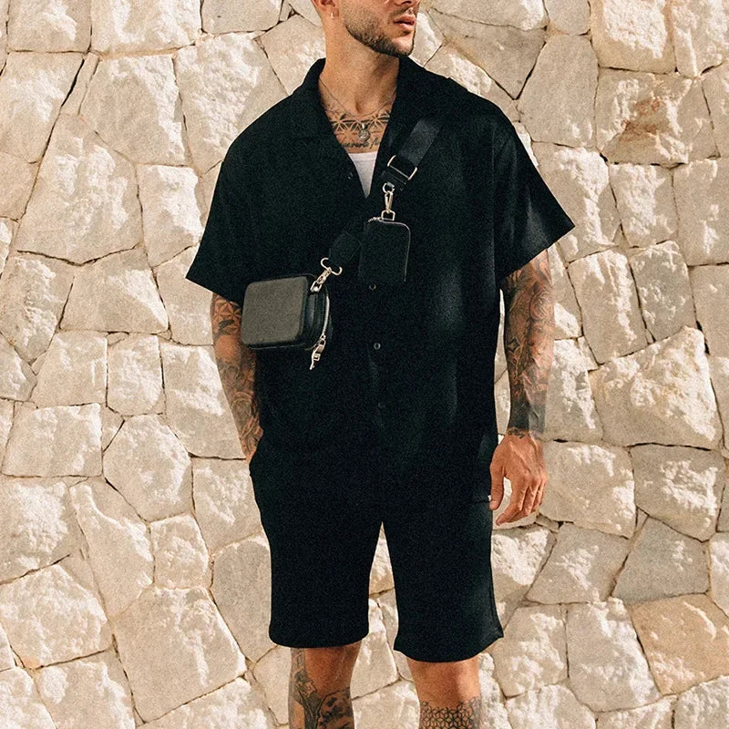 Vintage Men's Summer Beach Style Shirt and Shorts Set