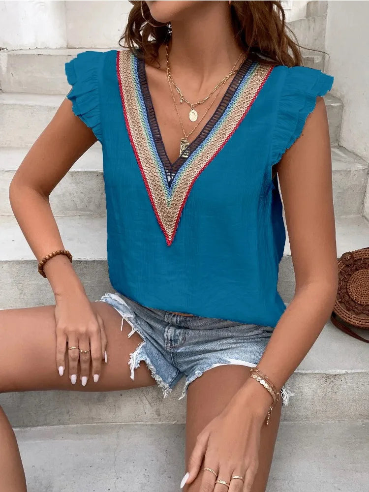 V-Neck Elegant Lotus Leaf Sleeve Shirt for Women