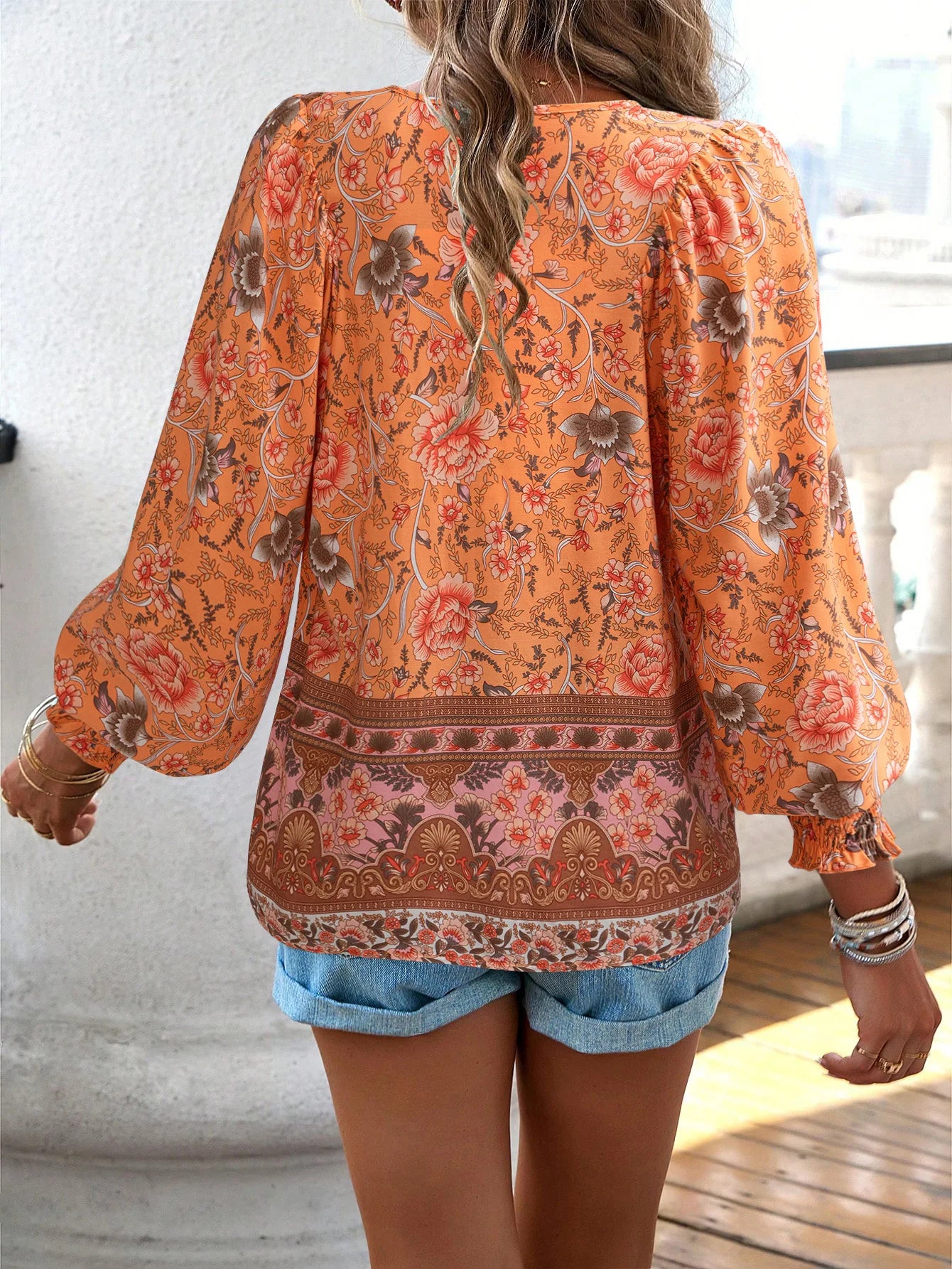 Chic Floral V-Neck Puff Sleeve Top for Women
