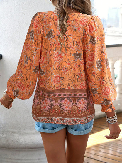 Chic Floral V-Neck Puff Sleeve Top for Women