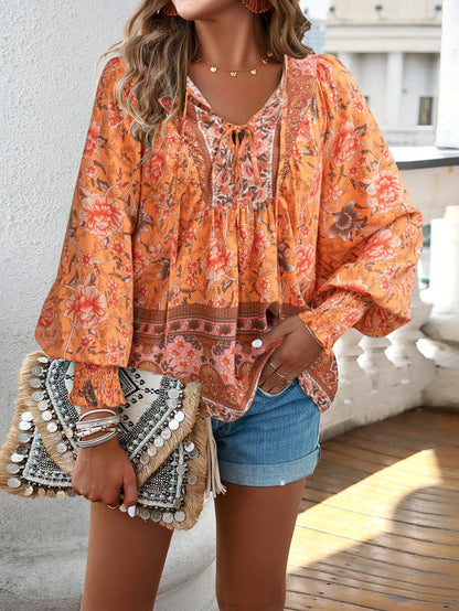 Chic Floral V-Neck Puff Sleeve Top for Women