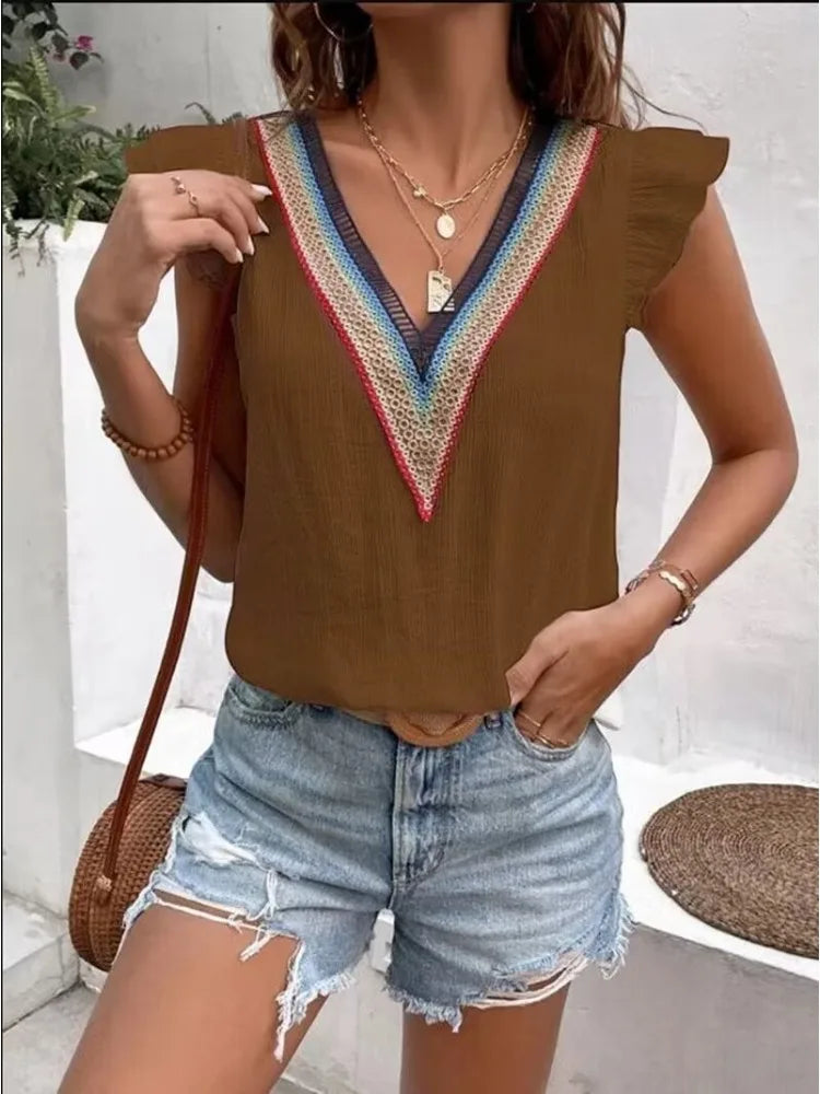 V-Neck Elegant Lotus Leaf Sleeve Shirt for Women