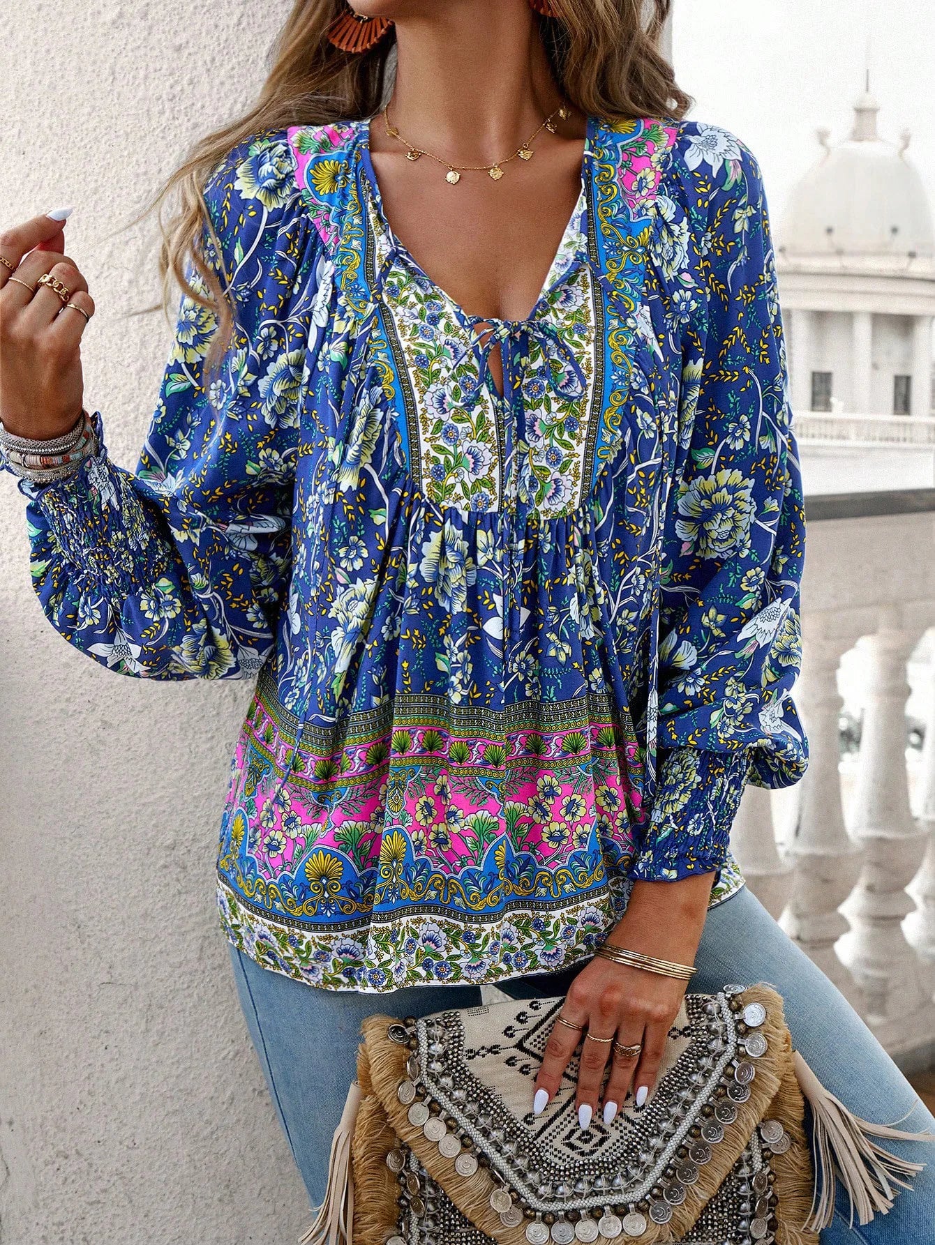 Chic Floral V-Neck Puff Sleeve Top for Women