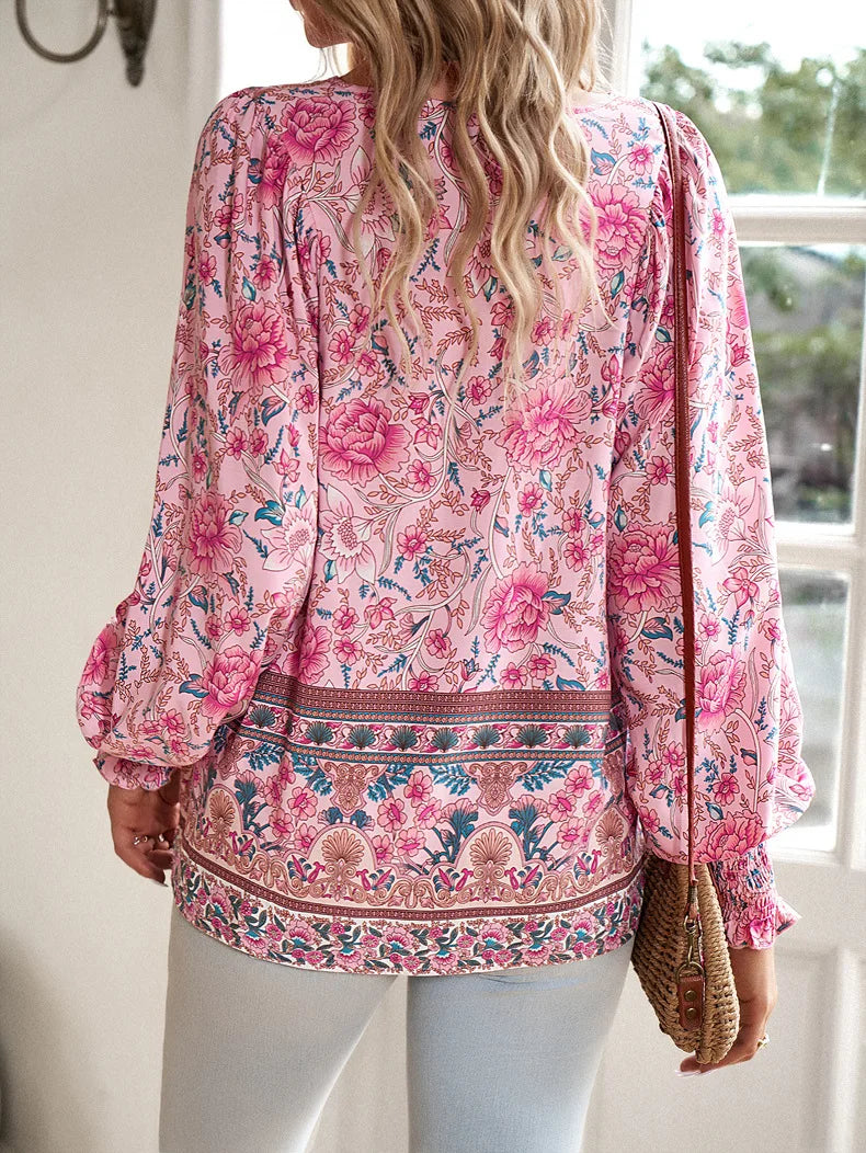 Chic Floral V-Neck Puff Sleeve Top for Women