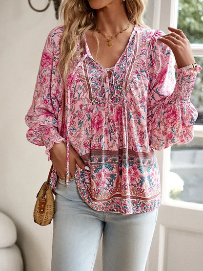 Chic Floral V-Neck Puff Sleeve Top for Women