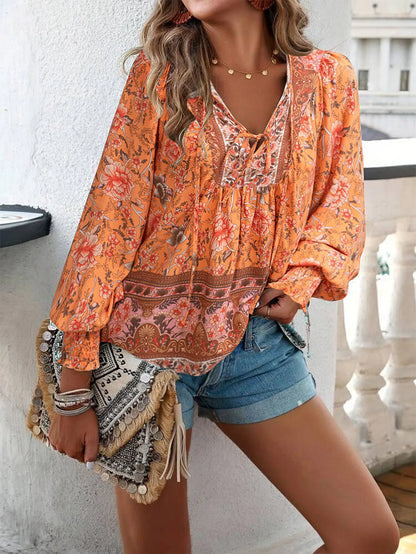 Chic Floral V-Neck Puff Sleeve Top for Women