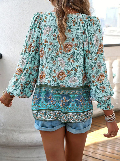 Chic Floral V-Neck Puff Sleeve Top for Women