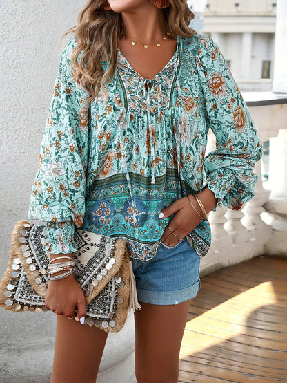 Chic Floral V-Neck Puff Sleeve Top for Women
