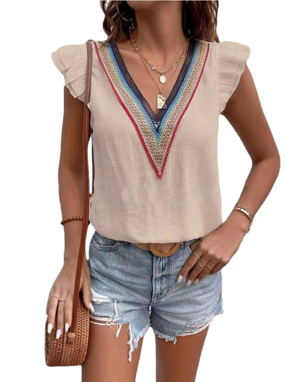 V-Neck Elegant Lotus Leaf Sleeve Shirt for Women